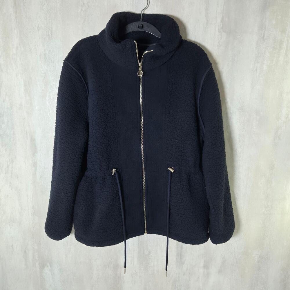 Tommy Hilfiger Jacket Womens Large Blue Faux Fur Fleece Full Zip Elastic Waist